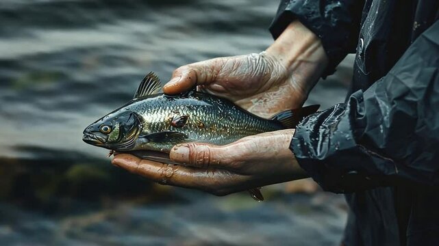 Zwei H&auml;nde halten einen frisch gefangenen Fisch &uuml;ber dem Wasser
