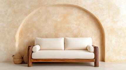 Fototapeta premium Cream Sofa with Wooden Frame Against Textured Beige Arched Wall