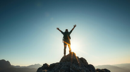 Hiker Celebrating At Mountain Peak
