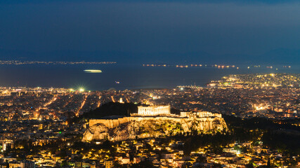 High angle view of Parthenon at night, Acropolis
