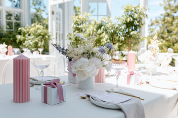 Bridal shower table setting pink and white