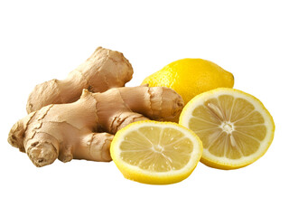 Fresh ginger root and lemons arranged against a transparent background, cut out, PNG 3D Digital Art, clip art.	