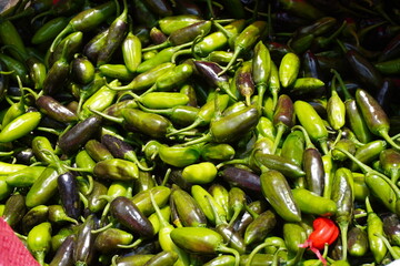 A pile of green chillies are arranged for sale in a market settings 