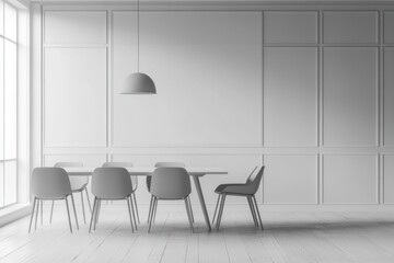Minimalist white dining room with table and chairs.
