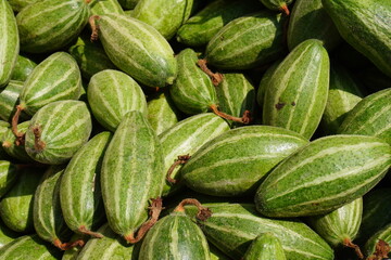 A stack of pointed gourds are displayed in the market settings for sale 