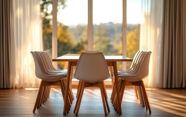 Modern dining table with white chairs overlooking a serene outdoor view during sunrise
