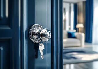 A close-up of a slightly open blue door with a sleek silver handle and a key inserted into the lock, featuring a house-shaped keychain. The blurred background showcases