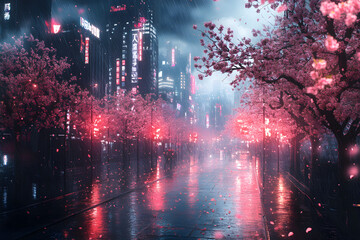 Fototapeta premium Serene urban landscape at night with cherry blossoms in full bloom, illuminated by neon lights