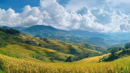 Fototapeta premium Panoramic view of golden rice terraces nestled in lush mountain valley under a vibrant blue sky with puffy white clouds.