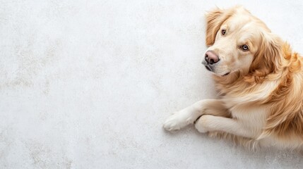 High angle view of a golden retriever lying down on a light beige surface, looking directly at the camera with paws resting on chest.