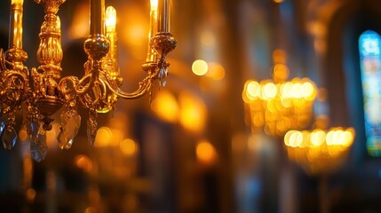 Ornate golden chandelier in a dimly lit church.