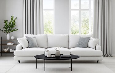 Minimalist white living room with sofa, coffee table, and large windows.