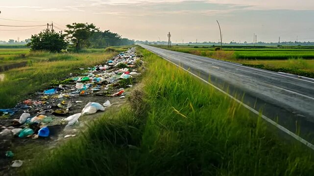 M&uuml;llberge entlang einer Stra&szlig;e als Zeichen der Umweltverschmutzung