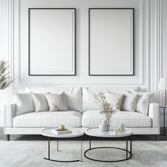 Minimalist white living room with two framed posters above a sofa.