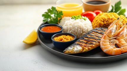 A flavorful plate of southern thai breakfast with grilled shrimp, rice, and savory sauce presented on a leaf