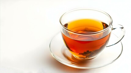 Glass cup of hot aromatic tea on white