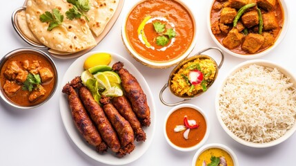 Lavish indian mughlai feast displaying a variety of rich gravies, kebabs, and flavorful dishes on table