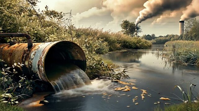 Industrieabw&auml;sser flie&szlig;en aus einem Rohr in einen nat&uuml;rlichen Fluss