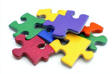 Colorful puzzle pieces interlocked. Illustrates teamwork, problem-solving, and unity.