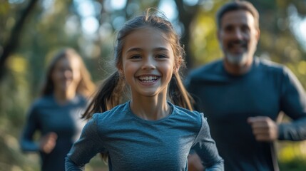Fototapeta na wymiar happy healthy family, cute kid,father and mother jogging for exercise together in the morning sunrise 