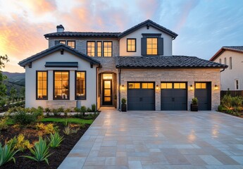 Beautiful modern house exterior at sunset with a stunning pathway, blooming plants, and warm lights shining through large windows in a serene setting