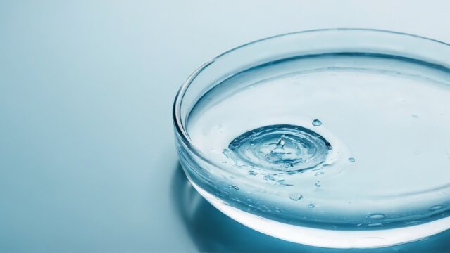 Closeup of glass bowl with floating water droplet, light blue background, focus on droplet and transparent bowl. - Powered by Adobe