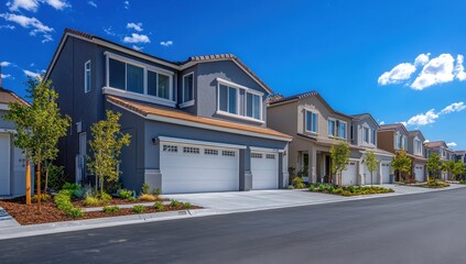Beautiful Modern Suburban Neighborhood with Tree-Lined Streets and Inviting Homes under a Bright Blue Sky