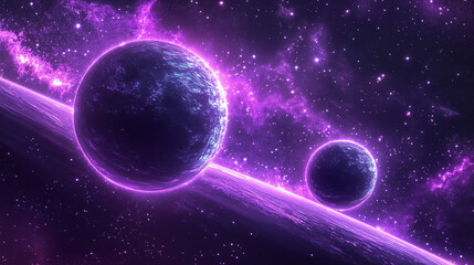 Fototapeta premium Cosmic Neon Planets with Purple Galactic Glow – Sci-Fi Space Art