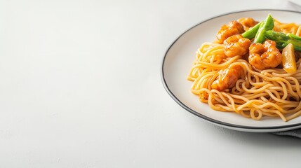 An exquisite plate of noodles topped with shrimp and fresh vegetables for a gourmet culinary experience at home