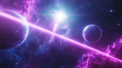 Obraz premium Cosmic Wonders – Planets, Nebula, and Energy Beams in Deep Space