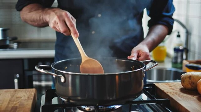 Koch r&uuml;hrt in einem Topf in einer professionellen Restaurantk&uuml;che