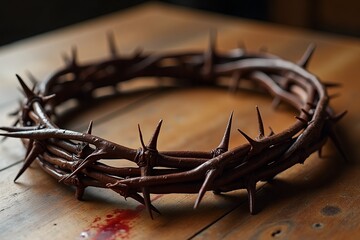 Fototapeta premium Image of crown of thorns on a wooden table