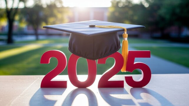 Graduation cap with gold tassel placed on bold red numbers forming "2025" outdoors on a sunny day