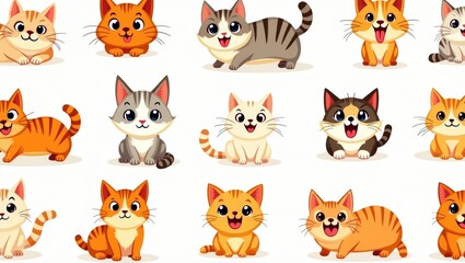 Fototapeta premium A vibrant collection of cartoon cat characters, each showcasing unique poses and emotions. The simple, flat color design adds a touch of charm to the characters, highlighting their individual personal