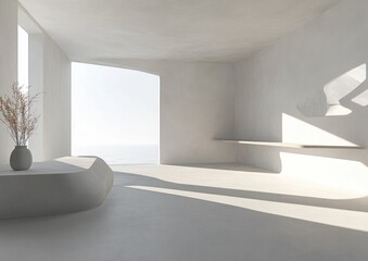 Minimalist white room with ocean view, sunlight, and simple decor.