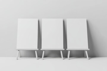 Three white A-frames with blank white paper on them, set against a gray wall