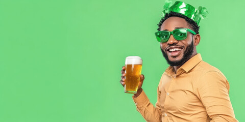 Cheerful man enjoying St. Patrick&rsquo;s Day with a festive glass of beer