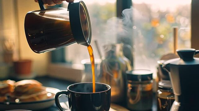 Frisch gebr&uuml;hter Kaffee wird stilvoll in eine Tasse gegossen