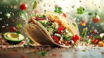 A gourmet taco mid-air with fresh ingredients like avocado, cilantro, and cheese deconstructed and floating around it, dynamic composition, bright and airy lighting, soft neutral background.