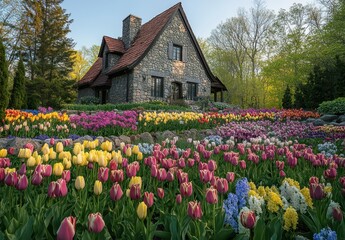 Obraz premium Beautiful stone house surrounded by vibrant tulip and flower garden during springtime with lush greenery and blue sky in a serene landscape setting
