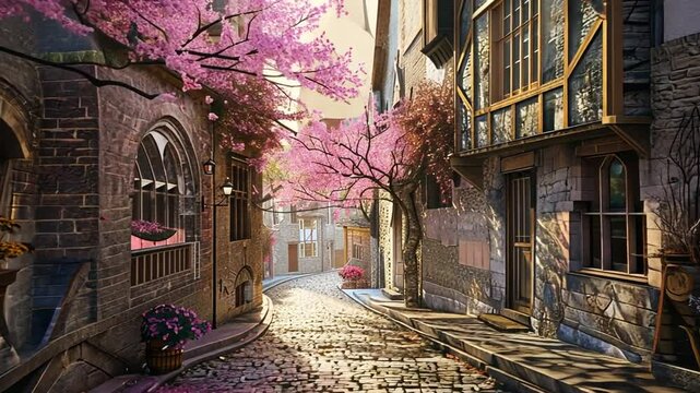 Bl&uuml;hende Kirschb&auml;ume s&auml;umen eine malerische Dorfstra&szlig;e im Fr&uuml;hling