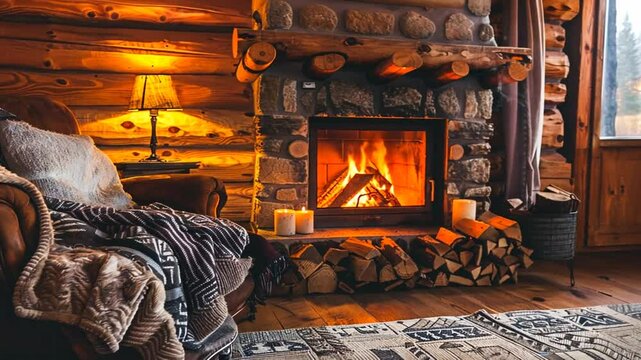 Rustikale Blockh&uuml;tte mit knisterndem Kaminfeuer als gem&uuml;tlicher R&uuml;ckzugsort