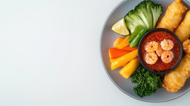 Nam prik kapi shrimp paste chili dip served on a plate with fresh shrimp and accompanying fresh ingredients for taste