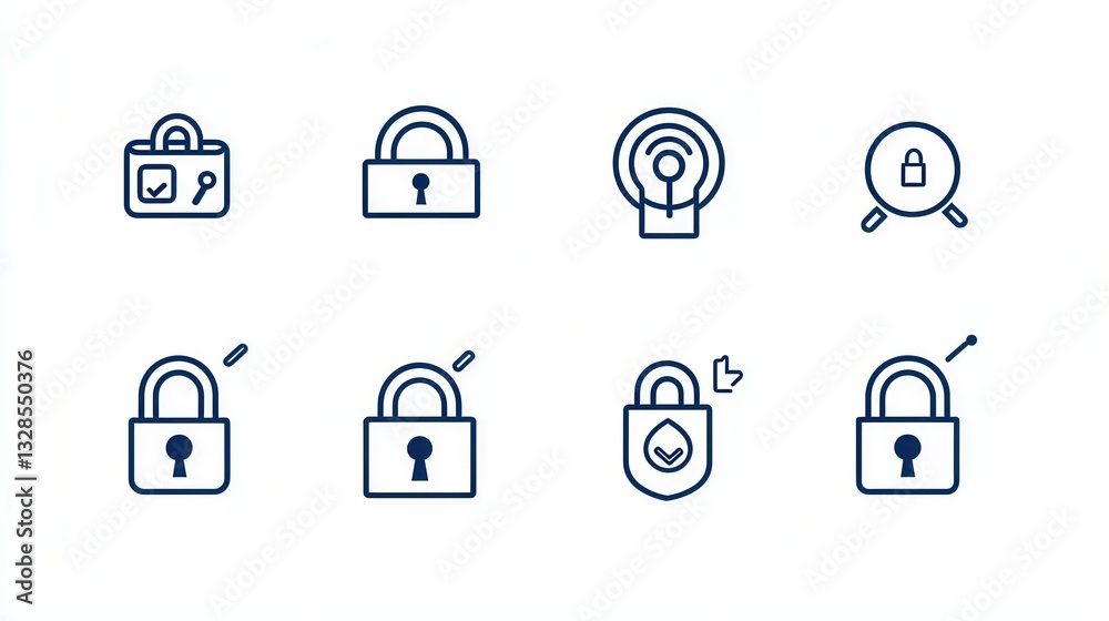 Poster a set of minimalist padlock outline icons symbolizing various security access control and privacy re
