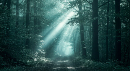 Obraz premium A mystical forest path illuminated by ethereal sunrays piercing through the dense canopy, creating a serene and enchanting atmosphere in the tranquil woodland.
