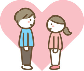 見つめ合うラブラブな私服の若い男女(全身・横向き)