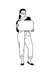 Business woman holding speech bubble sign. Girl with empty blank speech bubble. Advertising, communication concept. Hand drawn outline vector illustration isolated