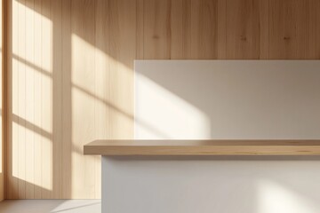 Fototapeta premium Minimalist wooden counter with white backdrop, sunlit.
