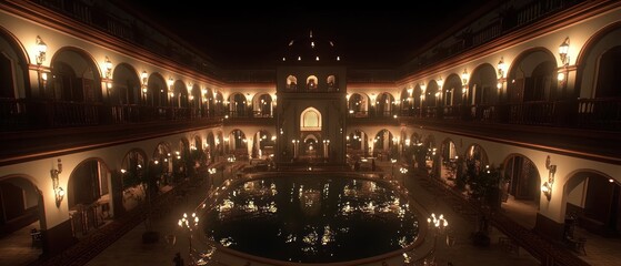 Obraz premium An illuminated courtyard features a reflective pool under a starry night