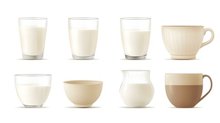 Set with different glassware of fresh milk